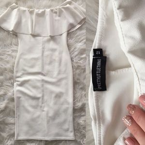 White Celinia Bardot Frill Midi Dress